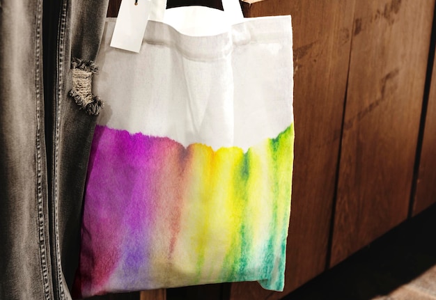 Tie-dye tote bag mockup psd in chromatography art fashion