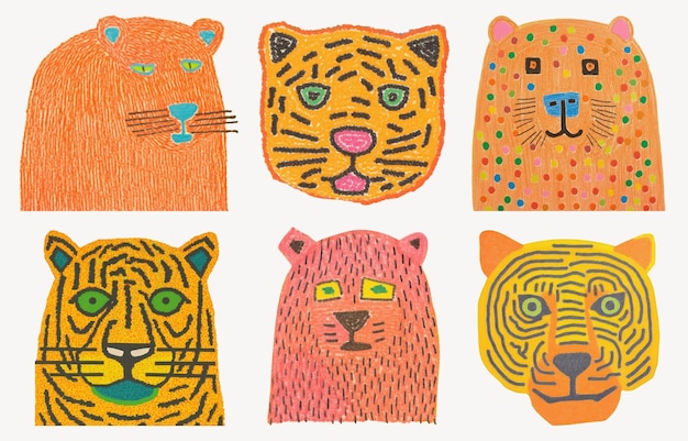 Tiger cartoon characters cut out element set psd