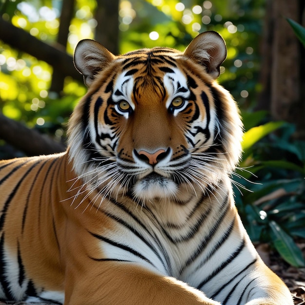 a tiger laying on the ground in the woods