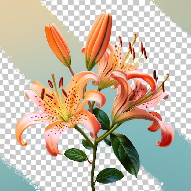 Tiger lilies with orange petals and green leaves on a transparent