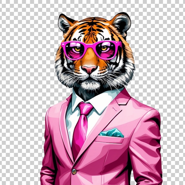 a tiger in a suit with glasses and a shirt that says tiger