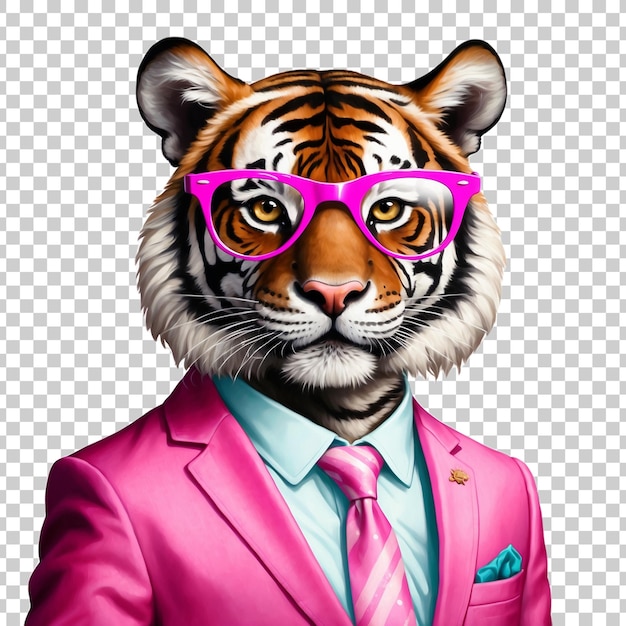 a tiger in a suit with glasses and a shirt that says tiger