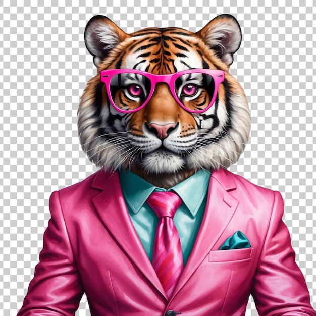 a tiger in a suit with glasses and a shirt that says tiger