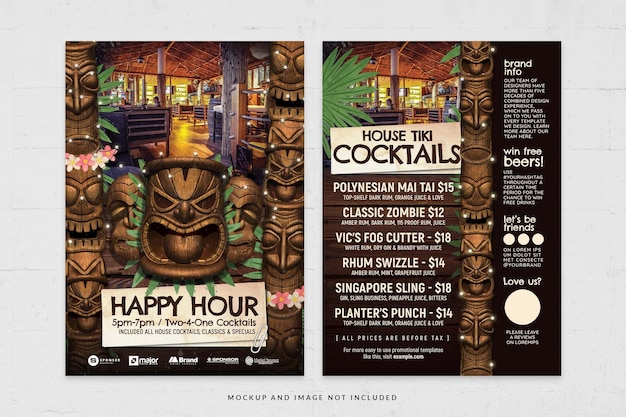 Tiki Bar Restaurant Polynesian Hawaiian Flyer Templates in PSD