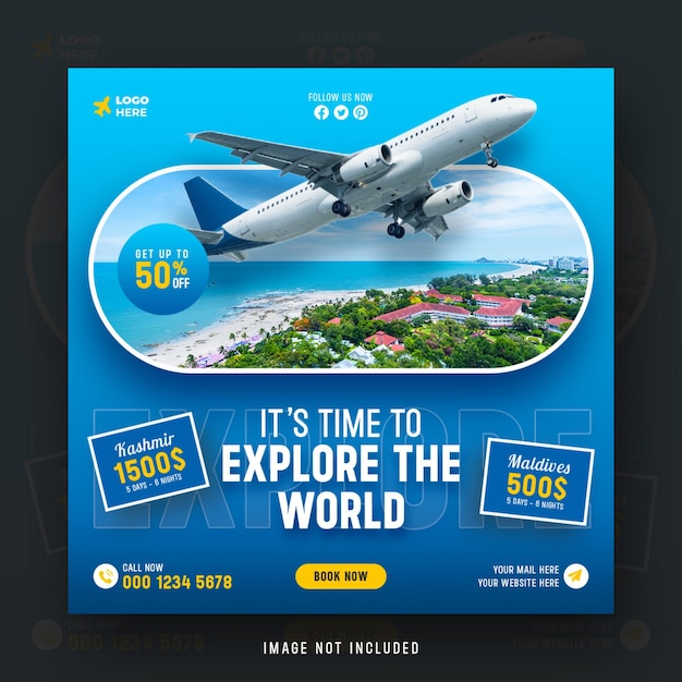 Time to explore the world travel social media post web square flyer design