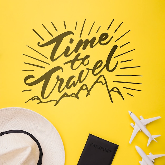 Time to travel, lettering with airplane, passport and hat