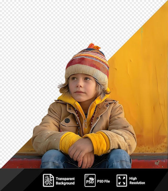 Tired boy rests after roller skating outdoors blue jeans striped hat yellow wall in background