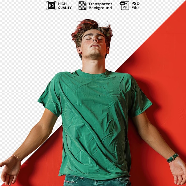 tired grabbed t shirt young handsome guy wearing green t shirt looking at the camera