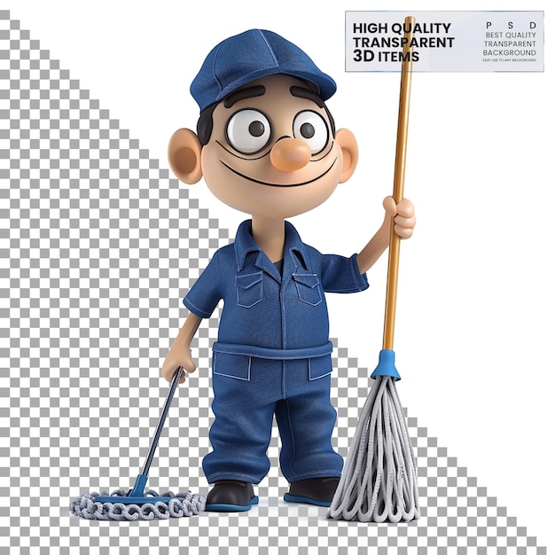 PSD title animated janitor 3d with cont on transparent background