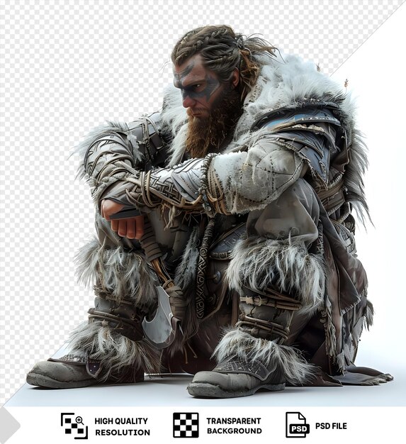 PSD title norse fylgja with long beard and brown hair poses with raised leg and leather glove