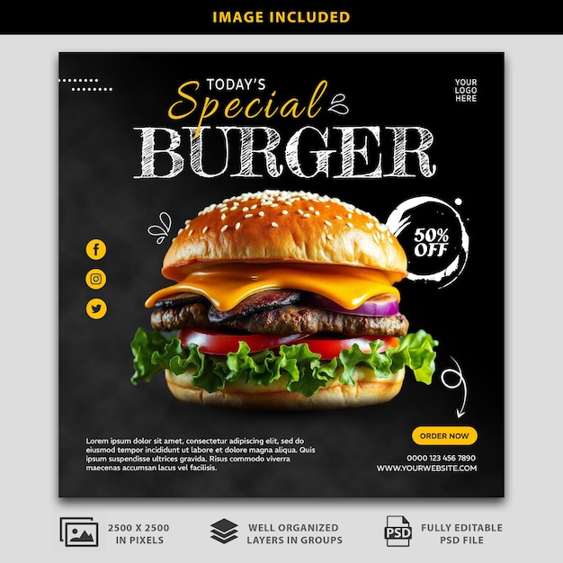 PSD todays special burger social media poster psd mockup