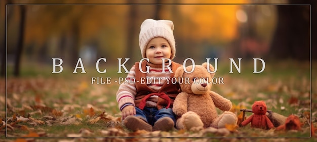 PSD toddler in autumn with teddy bear