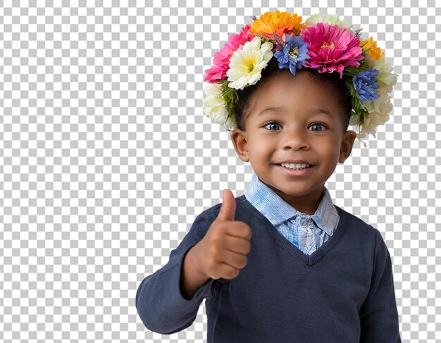 A toddler wearing a flower crown with their thumb raised in celebration