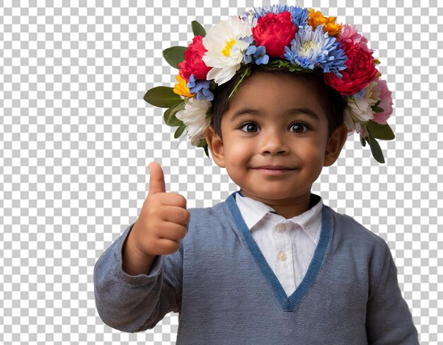 A toddler wearing a flower crown with their thumb raised in celebration