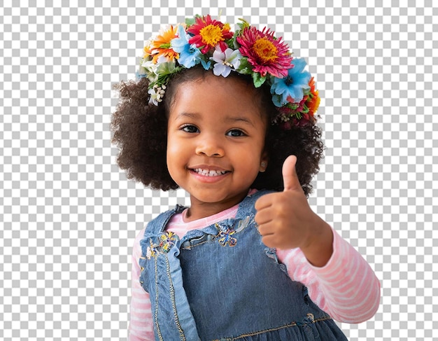 A toddler wearing a flower crown with their thumb raised in celebration