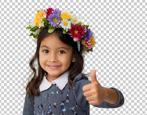 A toddler wearing a flower crown with their thumb raised in celebration