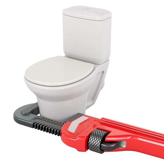 PSD toilet bowl with plumber wrench service and repair of toilet bowl 3d rendering isolated on transparent background