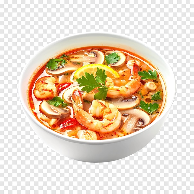 PSD tom yam kung prawn and lemon soup with mushrooms isolated on a transparent background