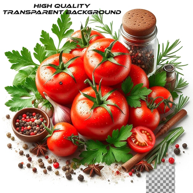 PSD tomato cherry basil spices garlic chili pepper fresh organic tomatoes isolated on transparent