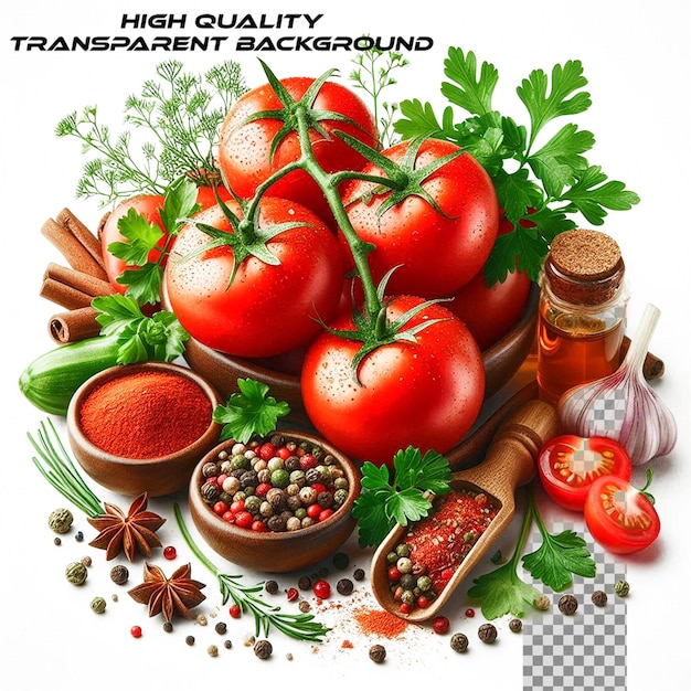 Tomato cherry basil spices garlic chili pepper Fresh organic tomatoes isolated on transparent