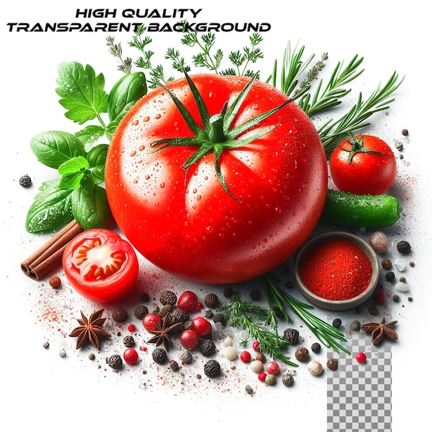 Tomato cherry basil spices garlic chili pepper Fresh organic tomatoes isolated on transparent