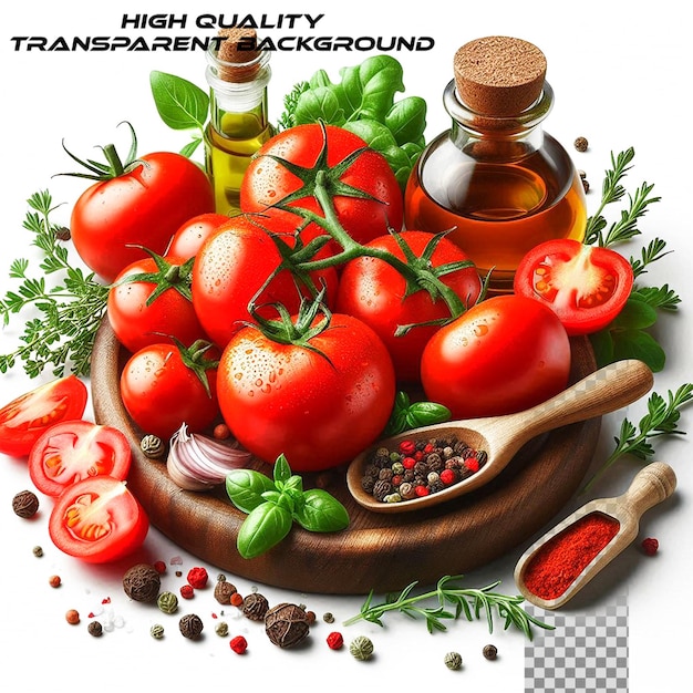 Tomato cherry basil spices garlic chili pepper Fresh organic tomatoes isolated on transparent