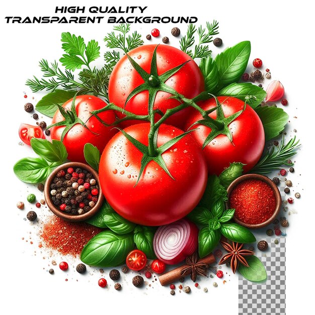 PSD tomato cherry basil spices garlic chili pepper fresh organic tomatoes isolated on transparent