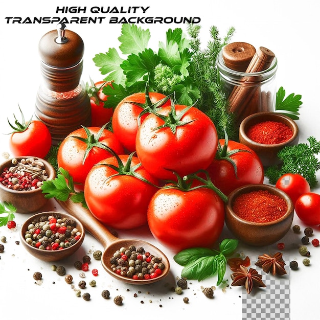 Tomato cherry basil spices garlic chili pepper Fresh organic tomatoes isolated on transparent