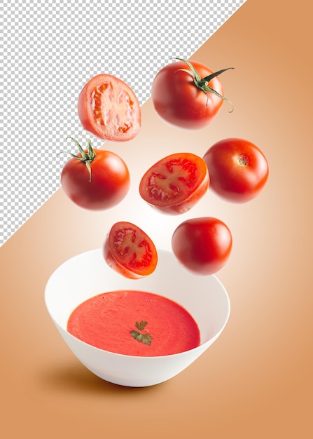 Tomato mockup falling into a bowl with tomato cream