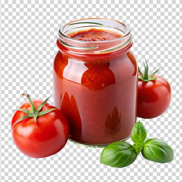 PSD tomato paste in a transparent glass jar isolated on white background