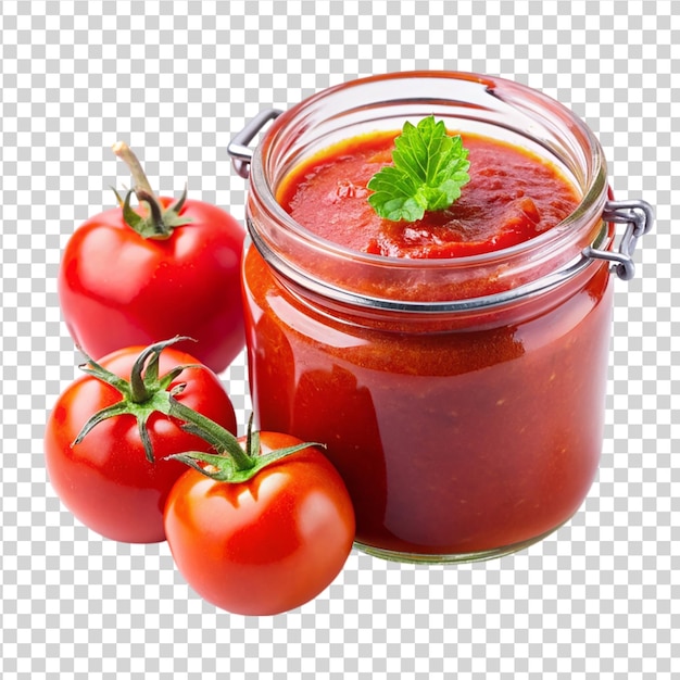 PSD tomato paste in a transparent glass jar isolated on white background