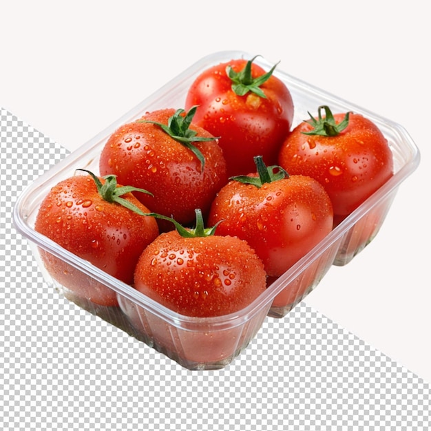 tomato in plastic tray on transparent background