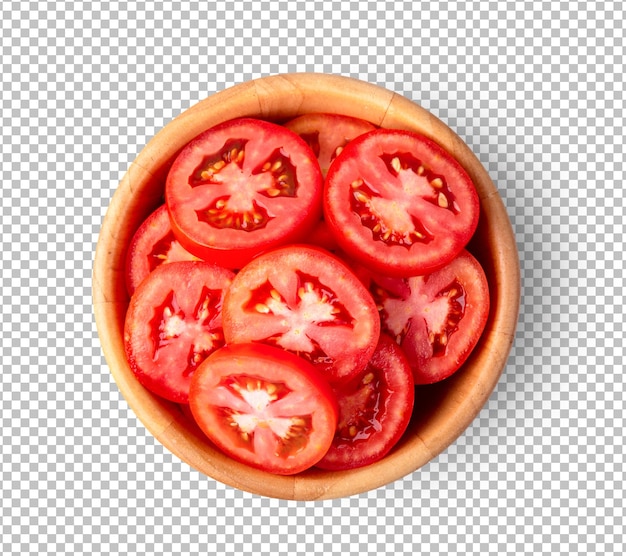 Tomato slice in wood bowl isolated on alpha layer