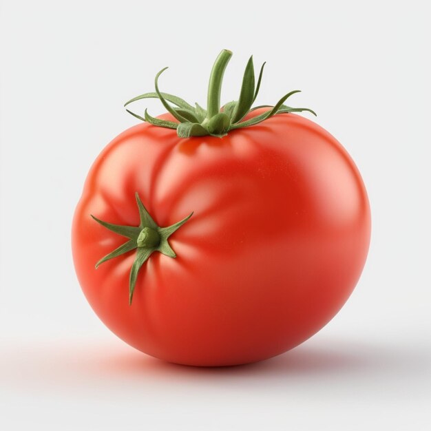 a tomato that is red in color with green leaves