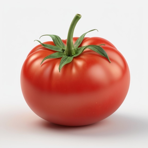 a tomato that is red in color with green leaves