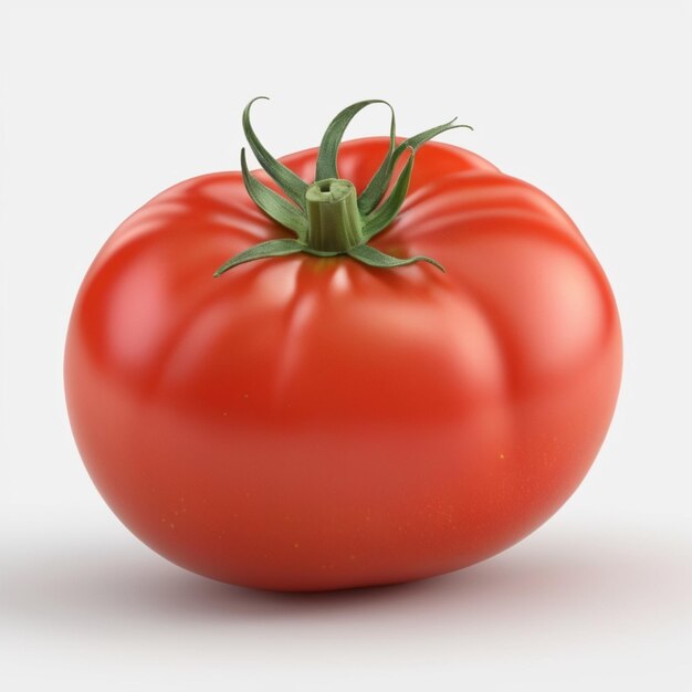 a tomato that is red in color with green leaves