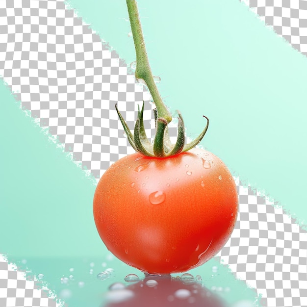 a tomato with water drops on it and a green background.