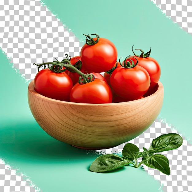 Tomatoes in a bowl on a black transparent background with green foliage backdrop