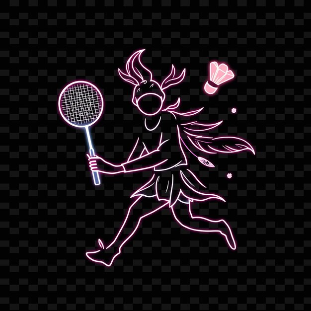 PSD toned badminton player with racket neon feather art design with so illustration neon characterf