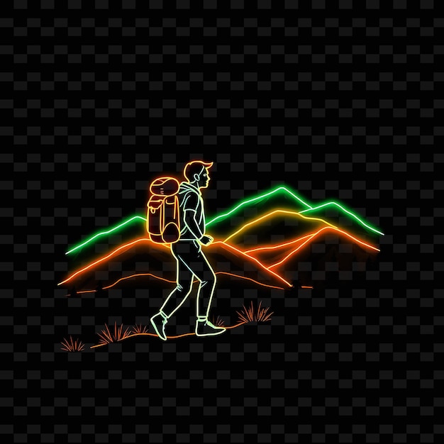 Toned Hiker With Backpack Neon Landscape Art Design With Earthy Gr Illustration Neon Charactere