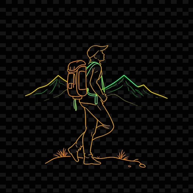 Toned Hiker With Backpack Neon Landscape Art Design With Earthy Gr Illustration Neon Charactere