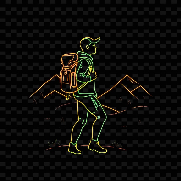 Toned Hiker With Backpack Neon Landscape Art Design With Earthy Gr Illustration Neon Charactere