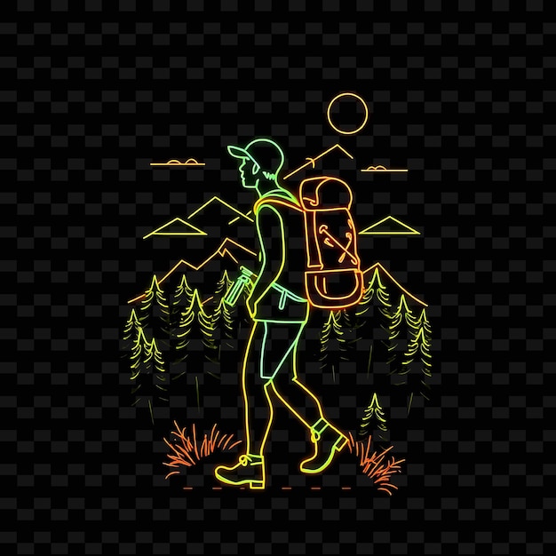 Toned Hiker With Backpack Neon Landscape Art Design With Earthy Gr Illustration Neon Charactere