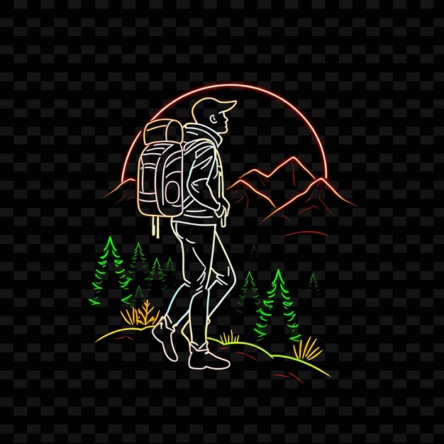 PSD toned hiker with backpack neon landscape art design with earthy gr illustration neon charactere