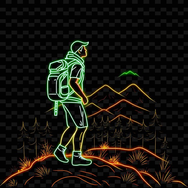 Toned Hiker With Backpack Neon Landscape Art Design With Earthy Gr Illustration Neon Charactere