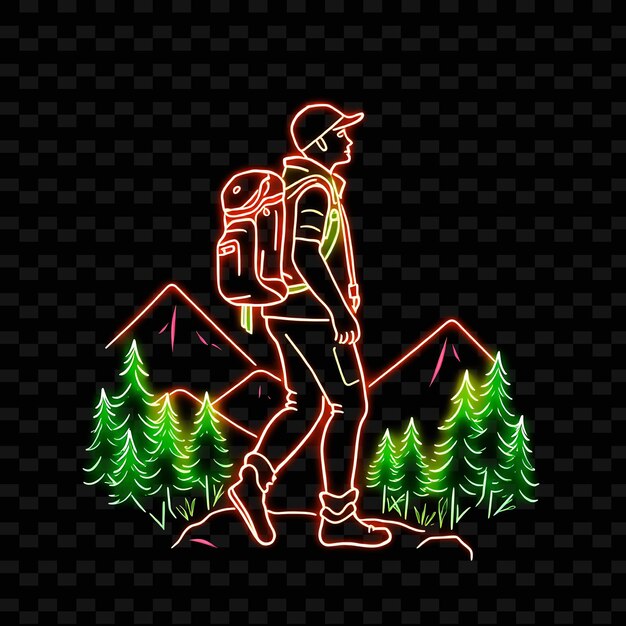 Toned Hiker With Backpack Neon Landscape Art Design With Earthy Gr Illustration Neon Charactere