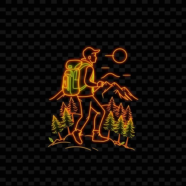 PSD toned hiker with backpack neon landscape art design with earthy gr illustration neon charactere