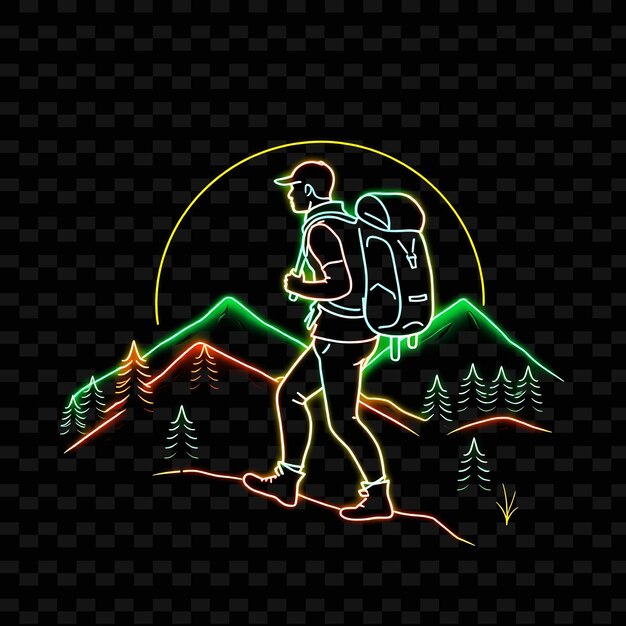 Toned Hiker With Backpack Neon Landscape Art Design With Earthy Gr Illustration Neon Charactere