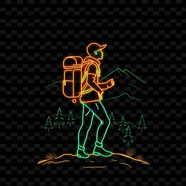 Toned Hiker With Backpack Neon Landscape Art Design With Earthy Gr Illustration Neon Charactere