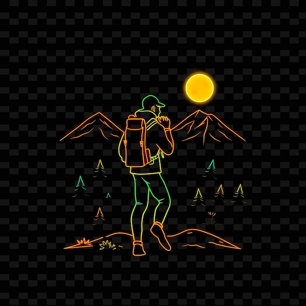 PSD toned hiker with backpack neon landscape art design with earthy gr illustration neon charactere